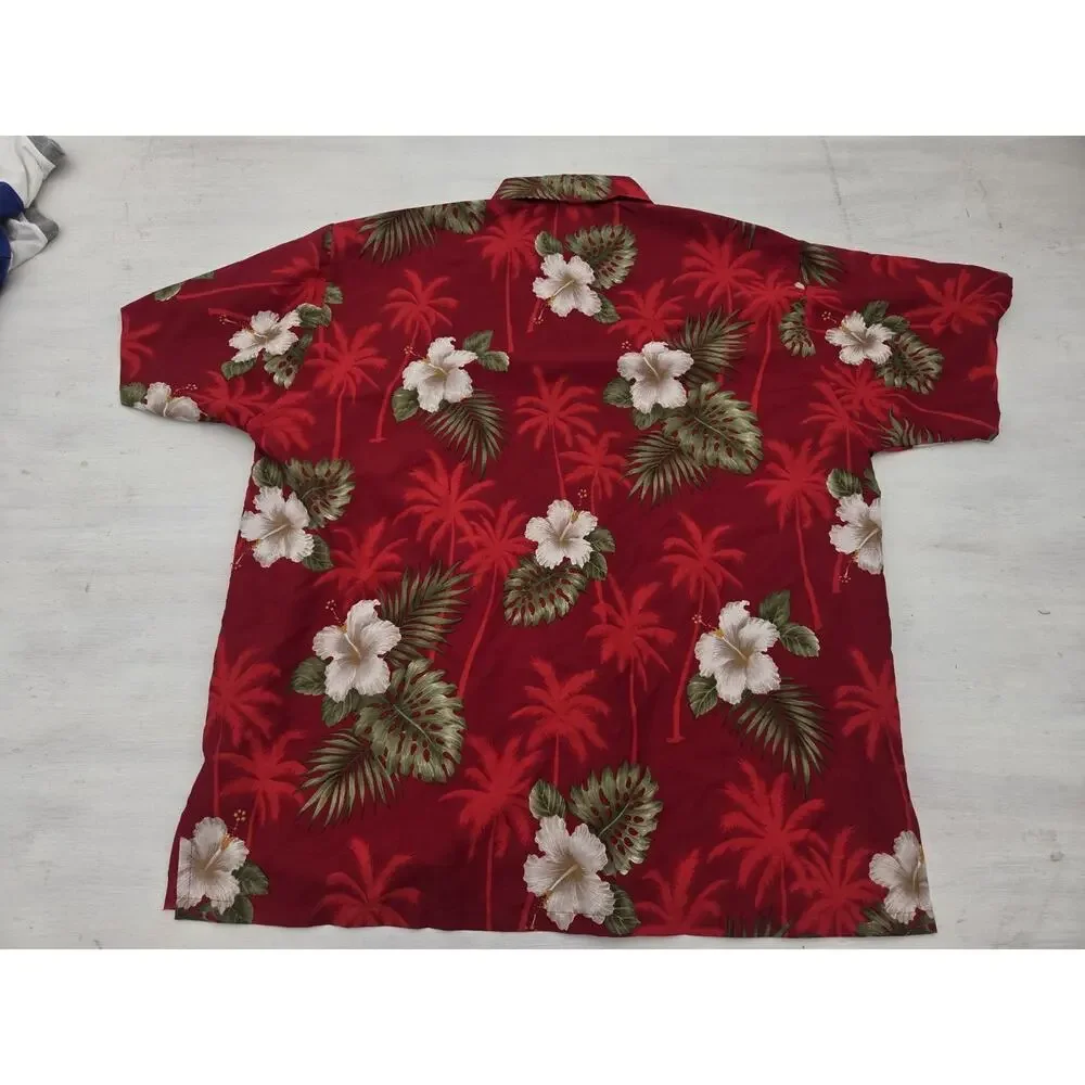 Rima Mens XL Button Up Hawaiian Shirt Red Floral Palms Short Sleeve Aloha